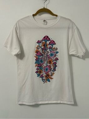 Skeleton Mushroom Flower 100% Cotton T-Shirt Sz M